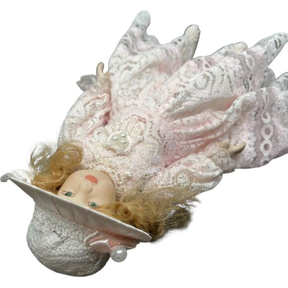 Porcelain Girl Doll in Blush Pink Lace Dress with Sunburst Hat - Picture 6 of 11